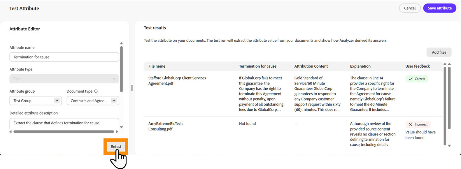 The attribute evaluation page with the "Re-analyze the document" button highlighted.
