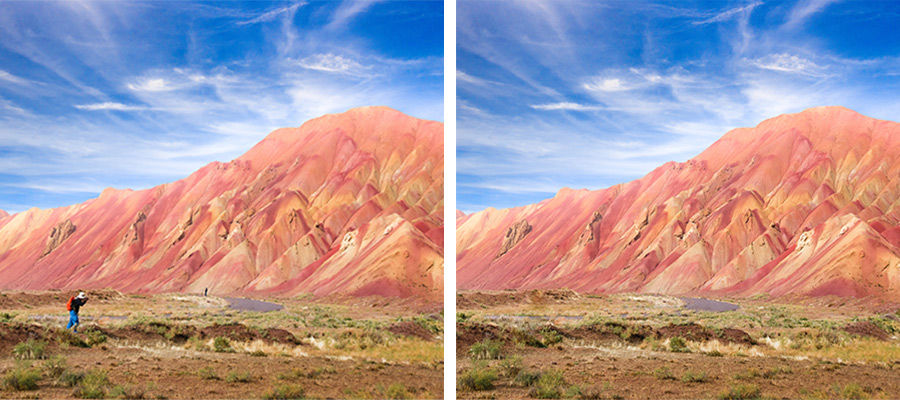 Side by side images of a mountain landscape with a person walking removed on one side