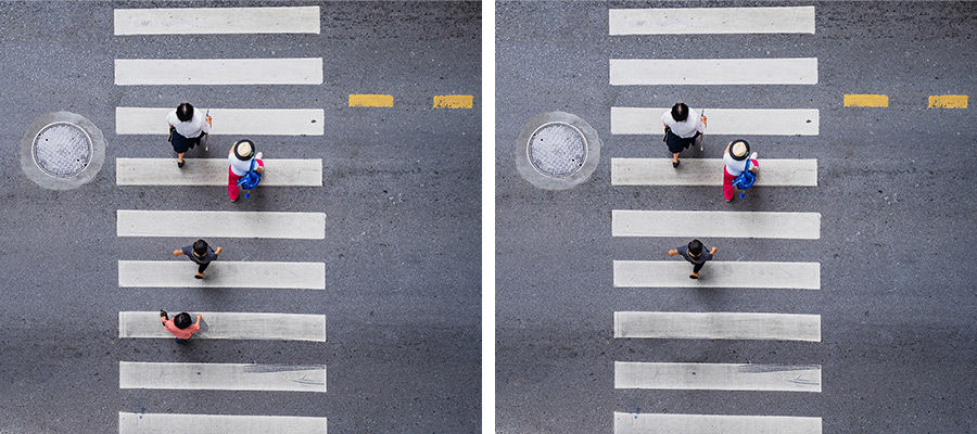 Side by side images of a crosswalk with people, one side shows a person removed from the scene