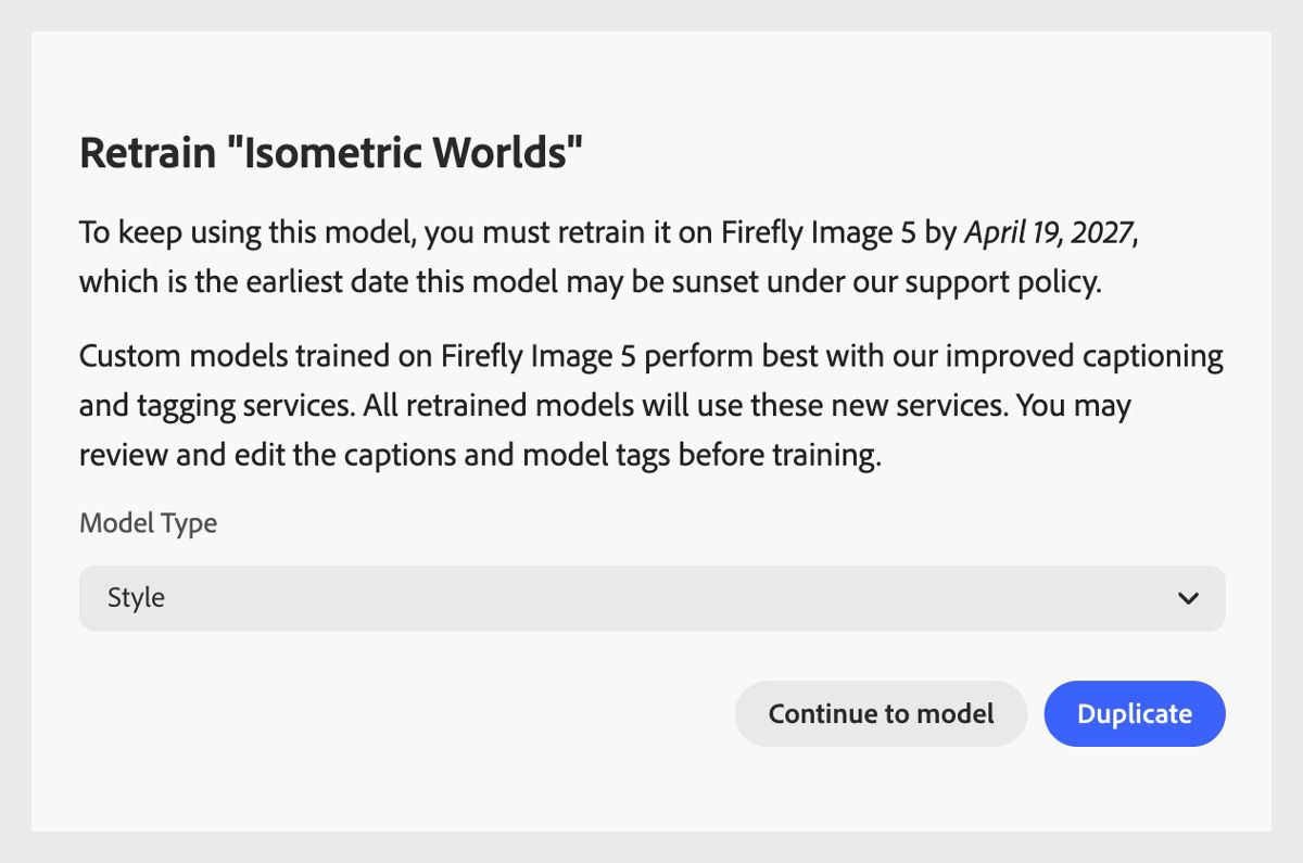 The Retrain page displays the option to retrain a custom model with Style and Iconography model type options.