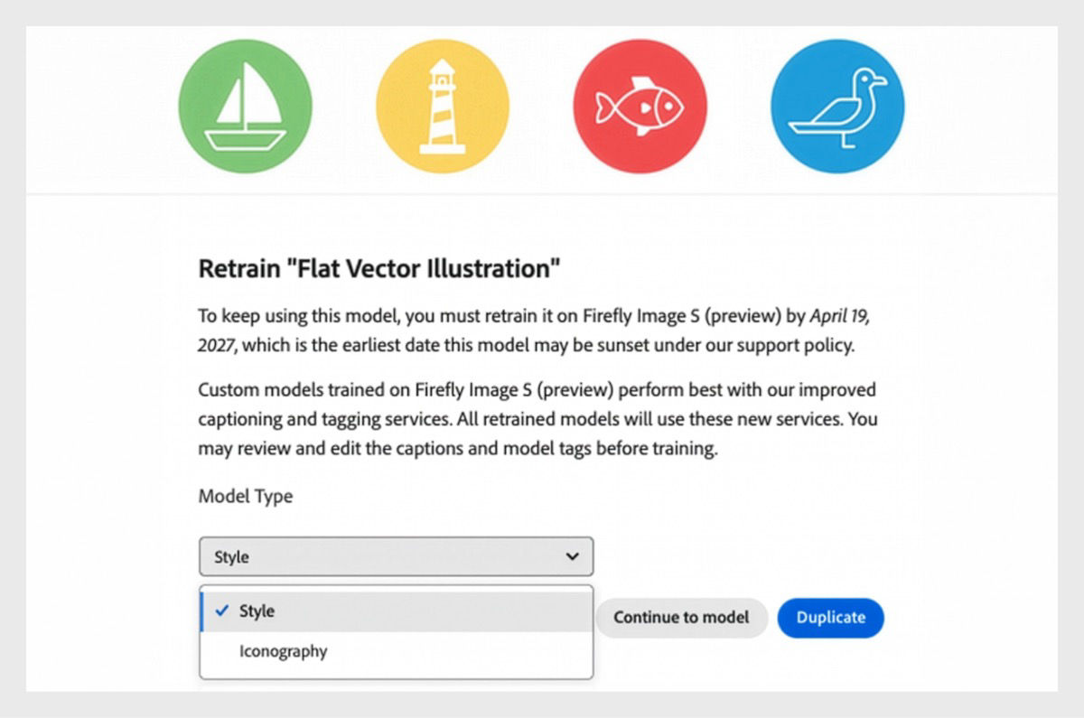 The Retrain page displays the option to retrain a custom model with Style and Iconography model type options.