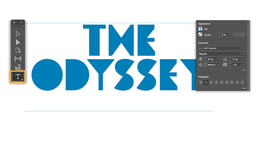 Text “THE ODYSSEY” is written in a large, 97 point block-style blue font 