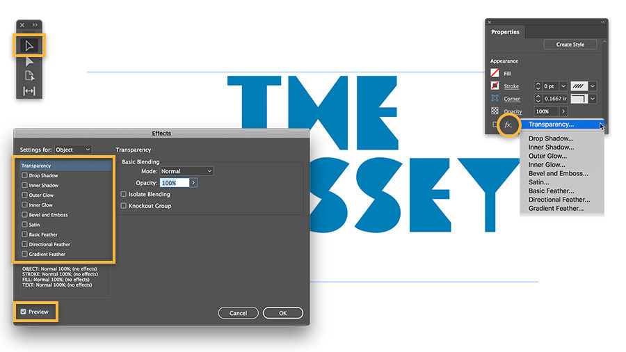 Text effects such as transparency, drop shadow, and bevel and emboss may be added in the Properties panel, fx menu 