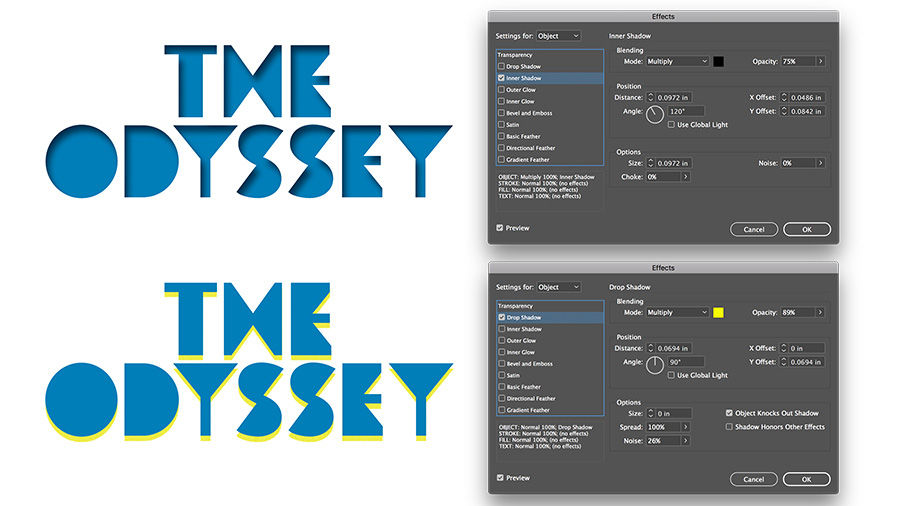 Top: Inner shadow is added to “THE ODYSSEY” text. Bottom: Inner shadow is removed and yellow drop shadow is added.  