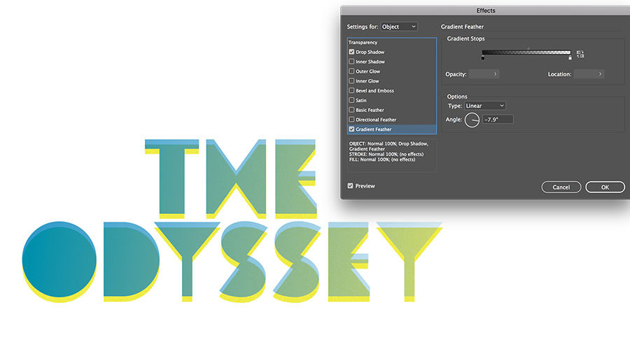 A Gradient Feather effect is added, causing the semi-transparent text to fade into its shadow.   