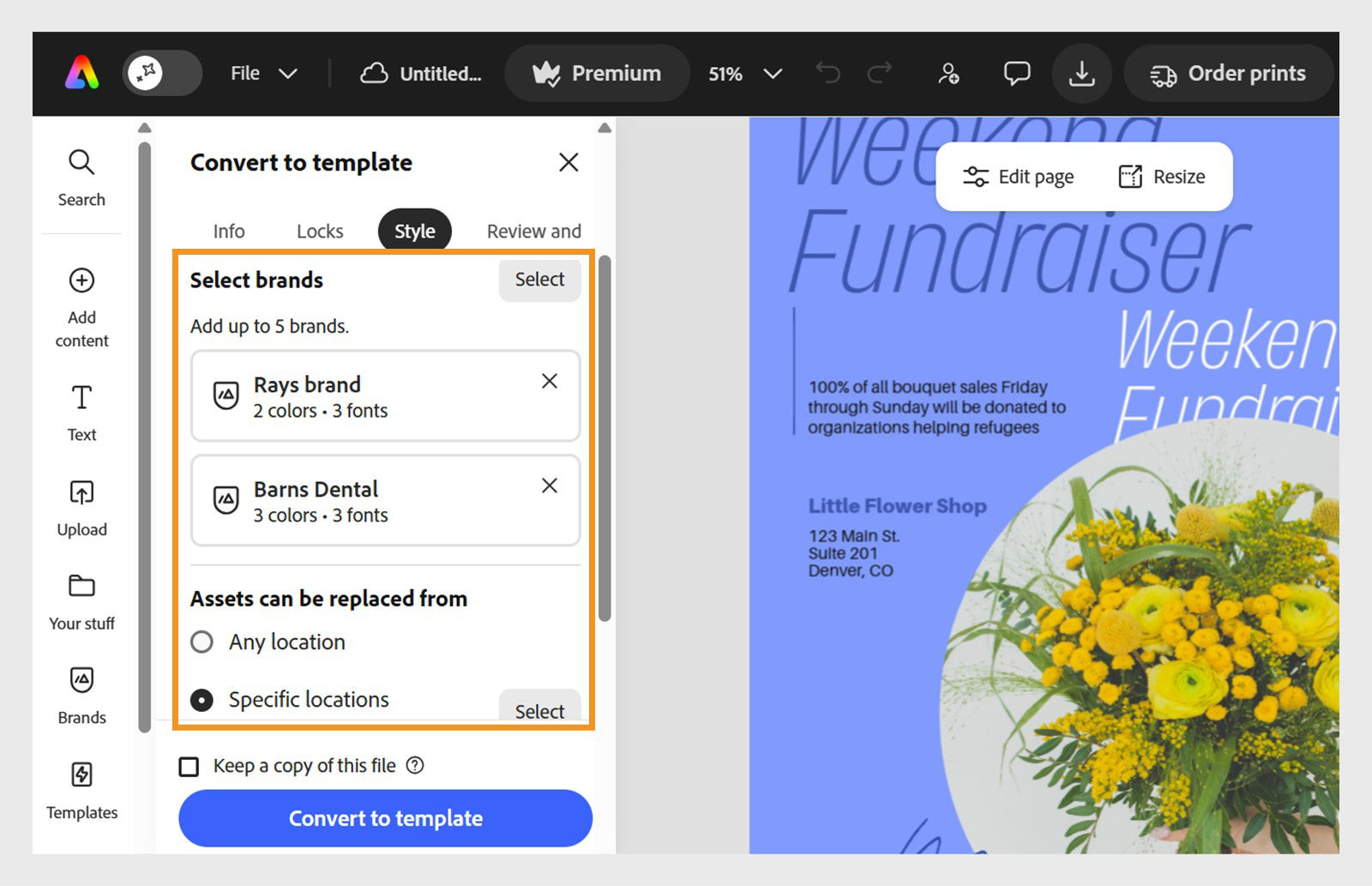 Adobe Express editor open in the Convert to template workflow. The Style panel is open with options to restrics color and font to brands and image swap controls.