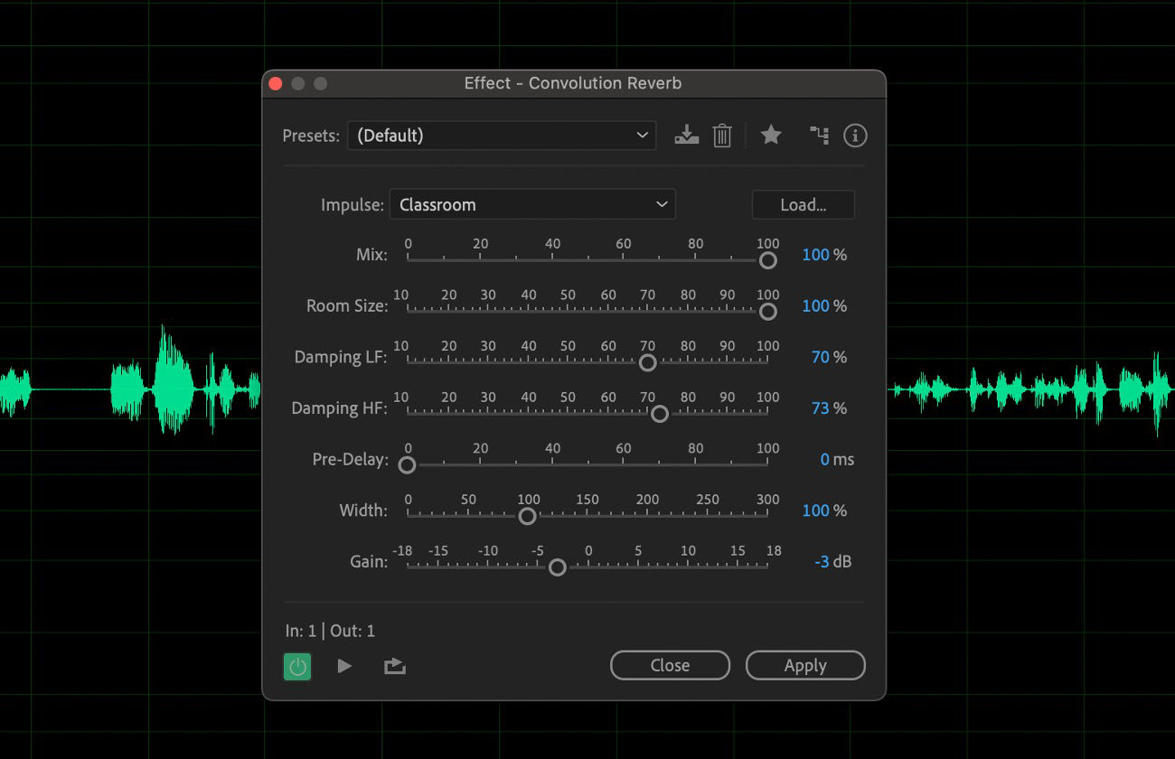 The Convolution Reverb effect dialog box is open, with options such as Impulse, Mix, Room Size, and Pre-Delay available.