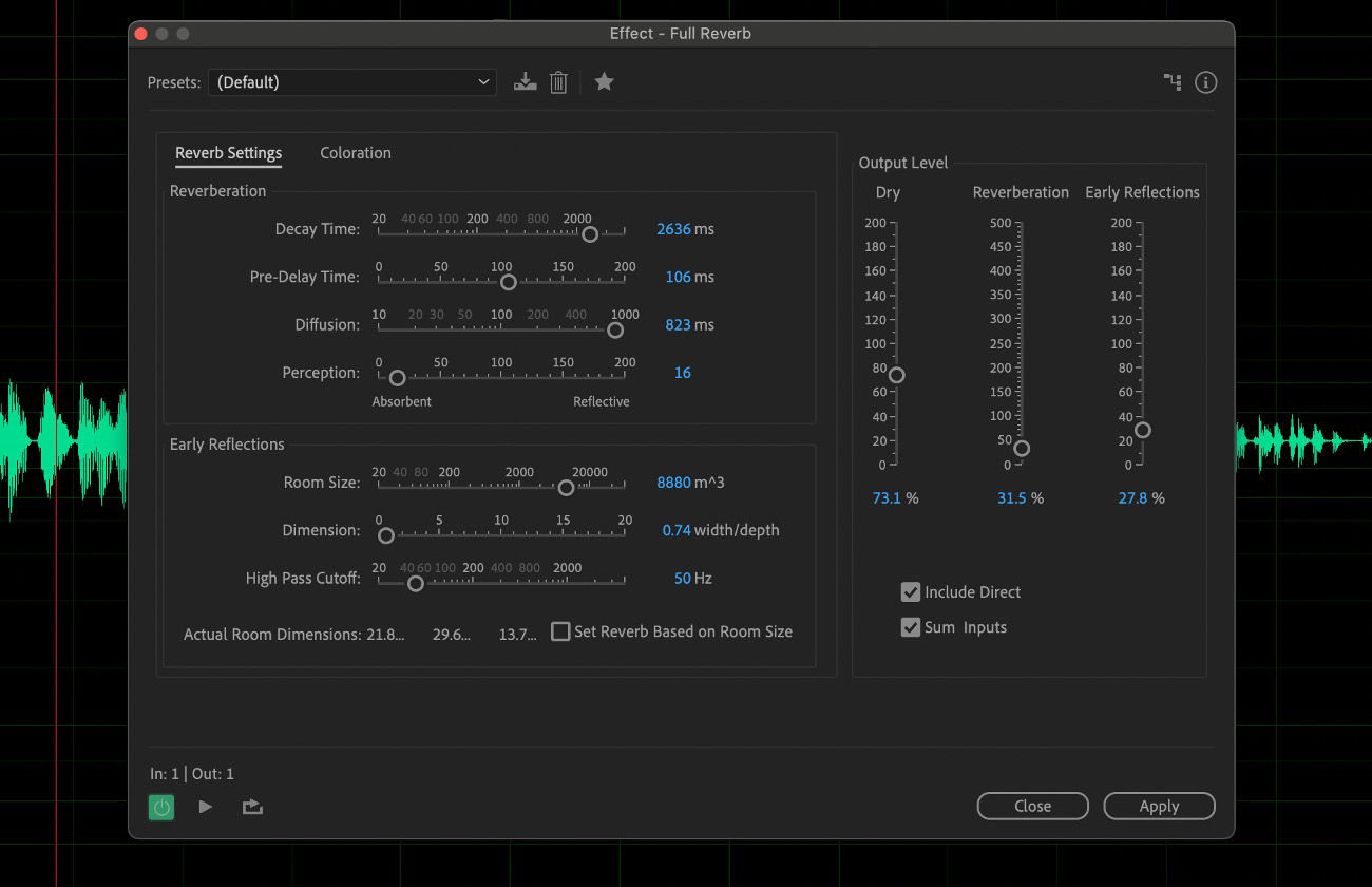 The Full Reverb effect dialog box is open, featuring control tabs such as Reverb Settings and Coloration.