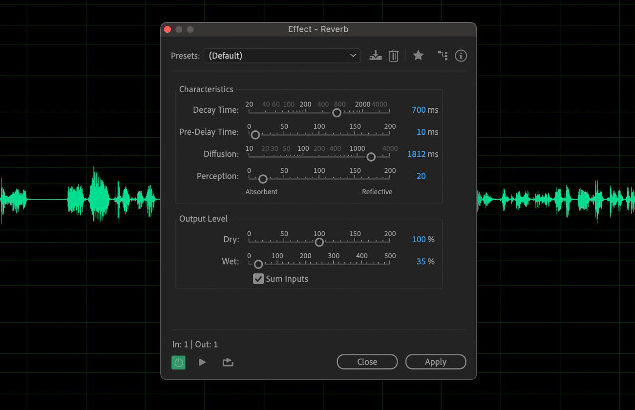 The Reverb effect dialog box is open and includes controls such as Decay Time, Pre-Delay Time, Diffusion, Perception, and more.
