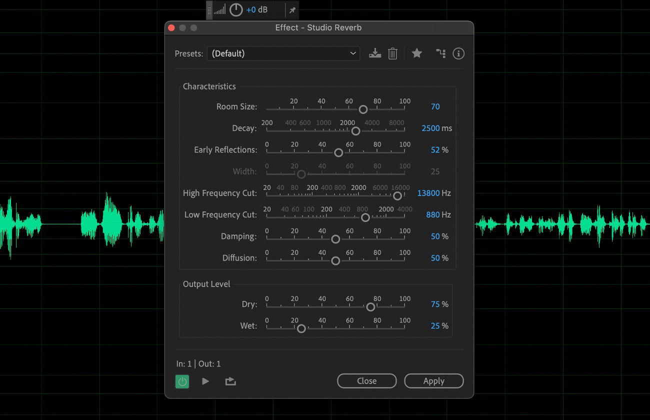 Use the Studio Reverb effect to create natural, studio-quality reverberation with precise control over room characteristics.