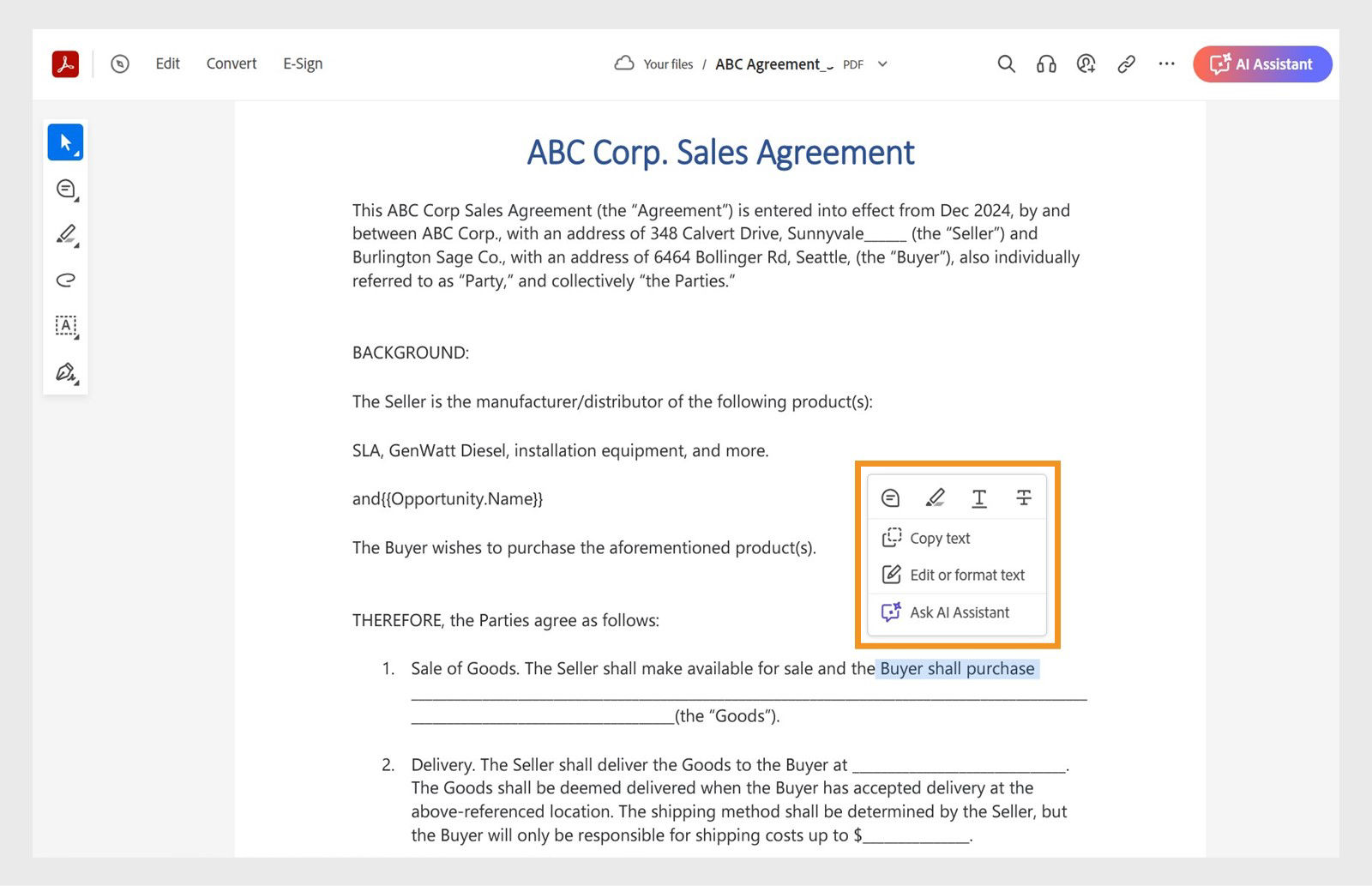 The selected text shows a Context menu with tools to copy, edit or format, highlight, strikethrough, or underline the selected text.