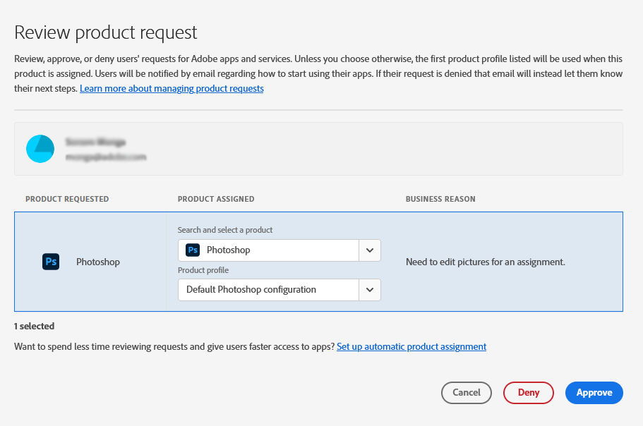 Review product request screen with a product and product profile selected to be assigned to the request