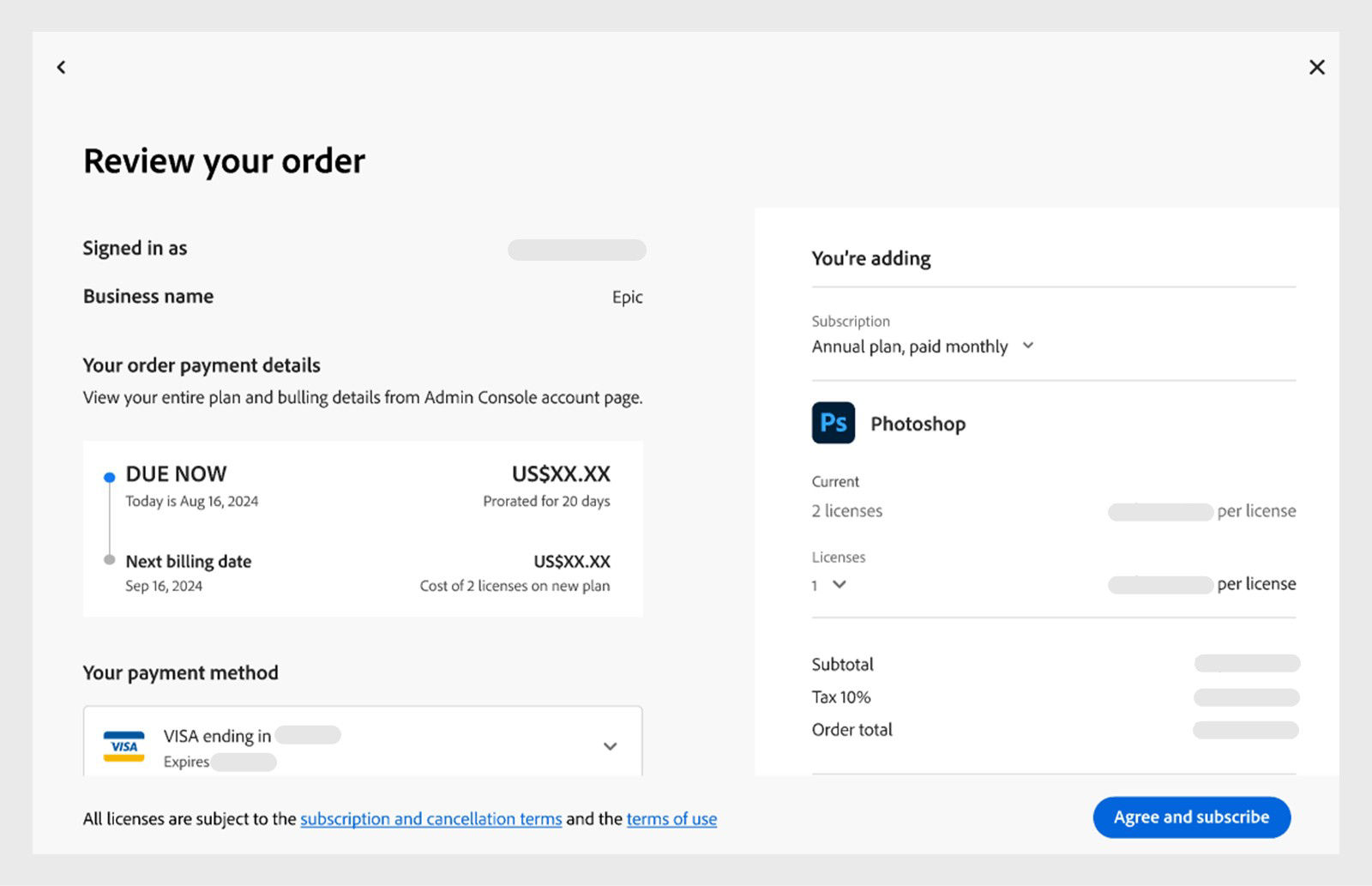 Review your order screen displaying the Agree and subscribe option
