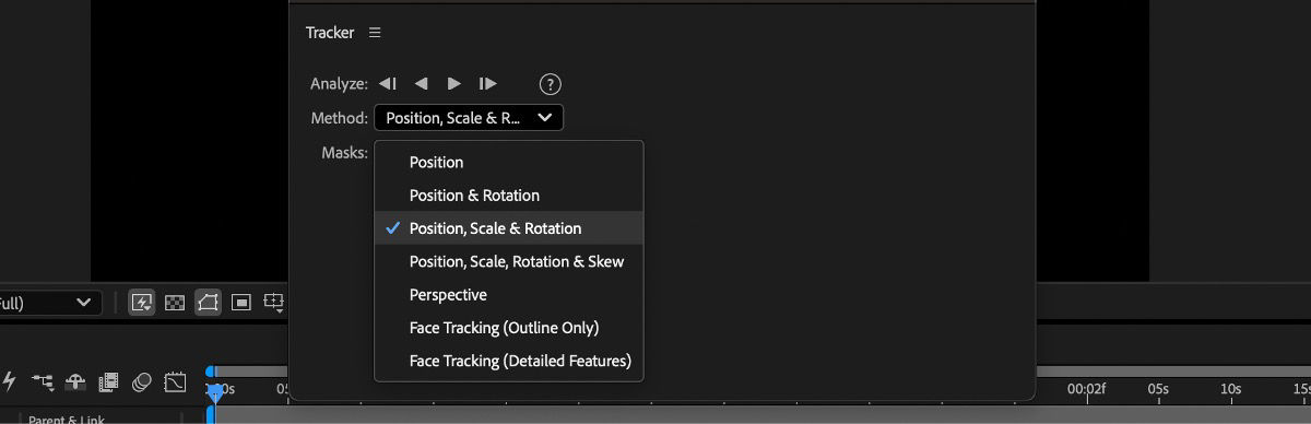 The Tracker panel in After Effects showing the Analyze controls and Method dropdown menu expanded, with Position, Scale & Rotation selected as the active tracking method.