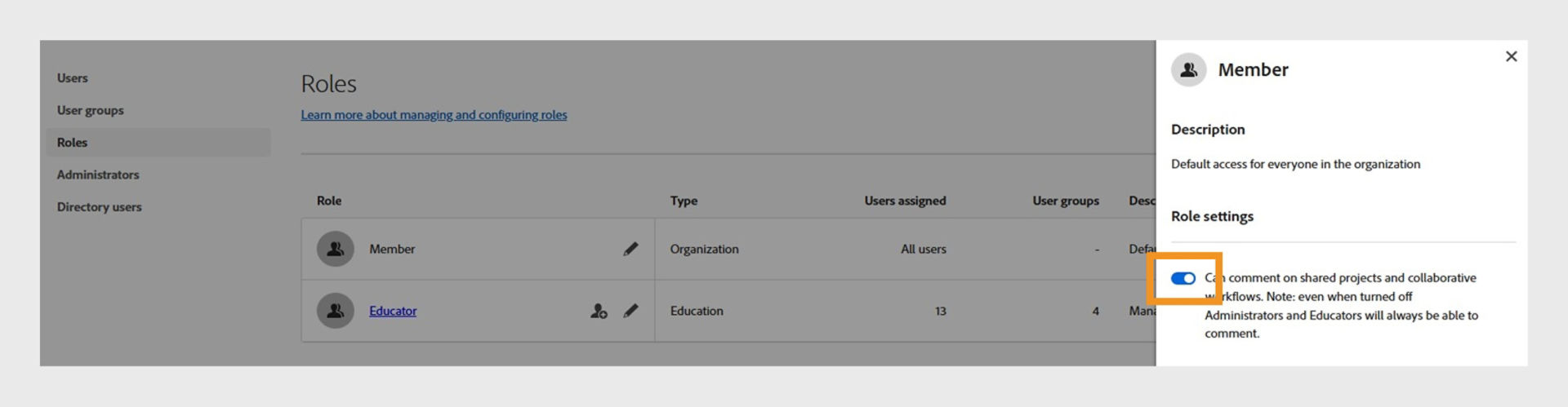 Image displays Member screen sharing members is default access for everyone. It also shows Role settings with a toggle to turn commenting access on and off.