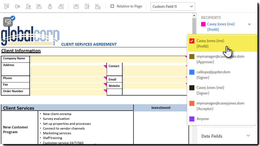 The prefill role on the Recipients menu