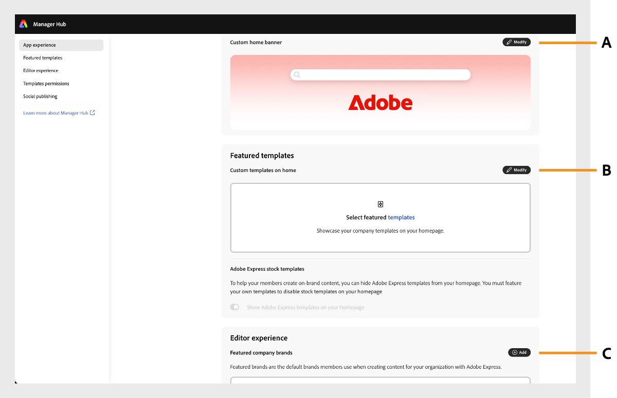 Adobe Express Manager Hub showing capabilities A–C: custom home banner, custom templates on home, and featured company brands.