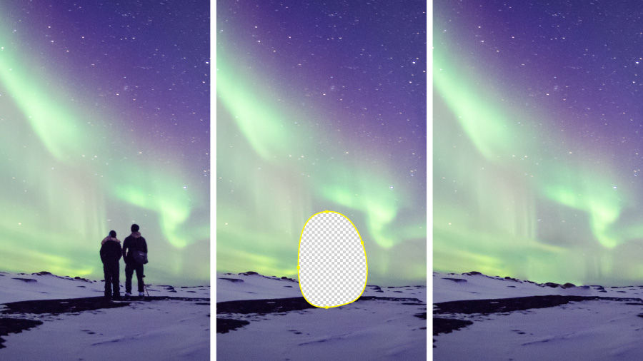 An image showing the process of removing people from a scene using Content-Aware Fill in After Effects