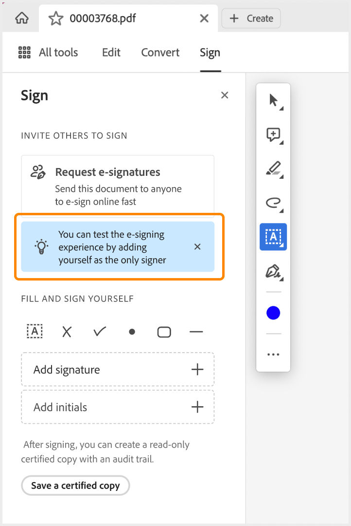 Guided prompts to use the Request e-signatures tool