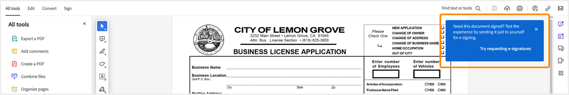 Prompt to use the Request e-signatures tool
