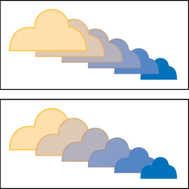 Comparación del orden de apilamiento original (superior) y tras aplicar el comando Invertir de frente a fondo (inferior)