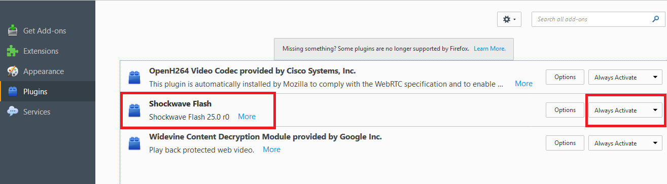 Activate and enable Shockwave Flash in Firefox browser