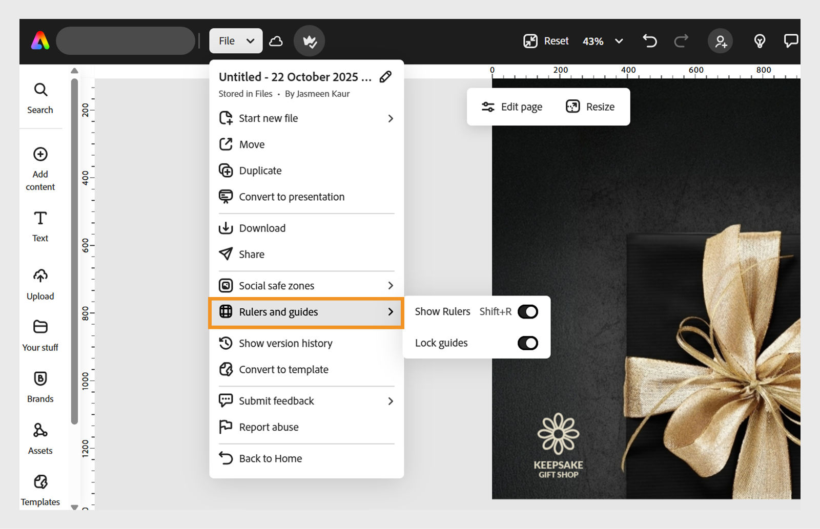 A design of a gift with black background, opened in the Adobe Express editor with a grid overlay, and the "Rulers and guides" option highlighted in the File menu.