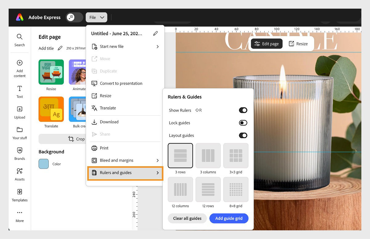 A design of a gift with black background, opened in the Adobe Express editor with a grid overlay, and the "Rulers and guides" option highlighted in the File menu.