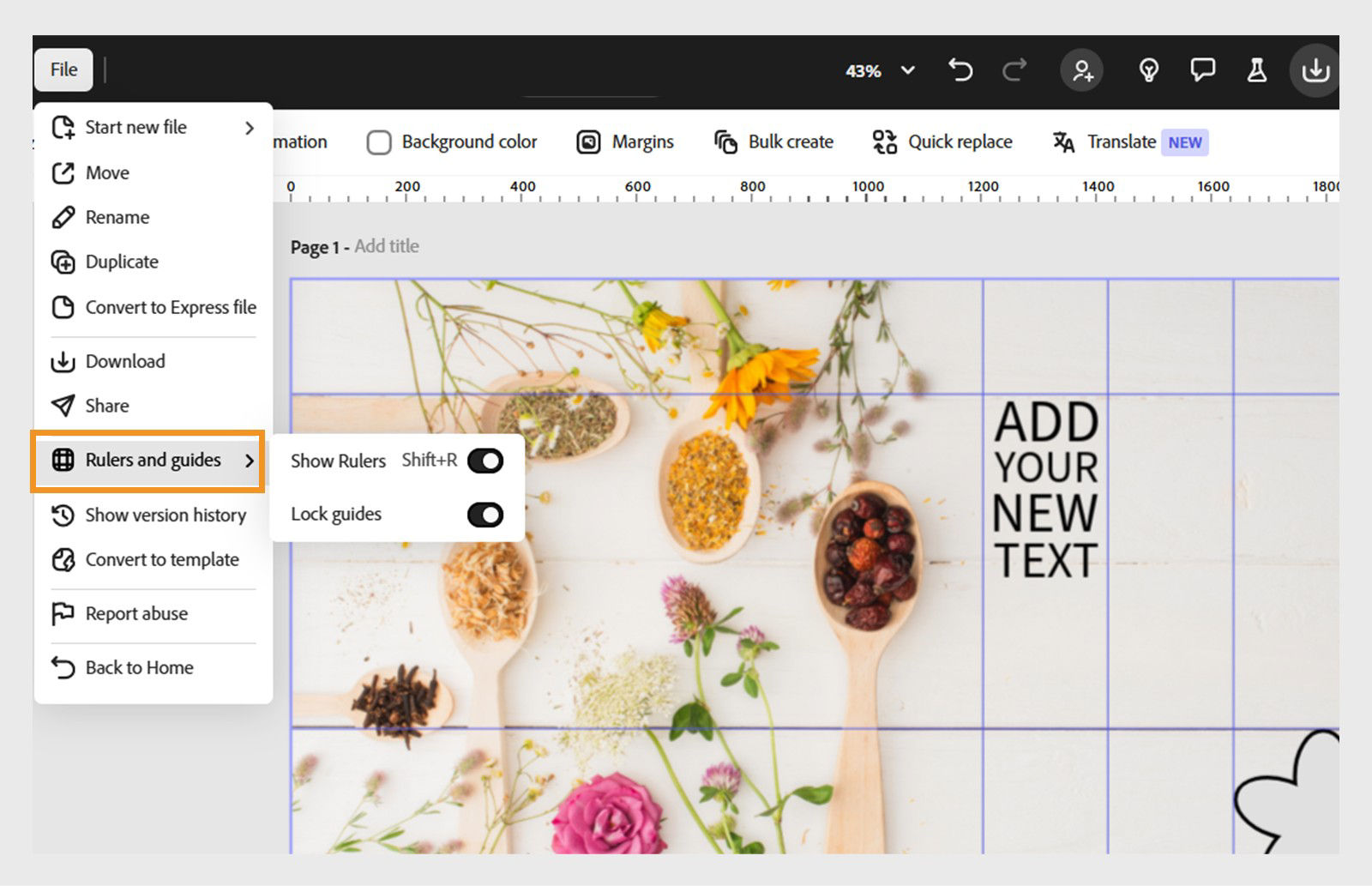 A design of herbs and spices arranged on wooden spoons, open in the Adobe Express editor with a grid overlay, and the "Rulers and guides" option highlighted  in the File menu.