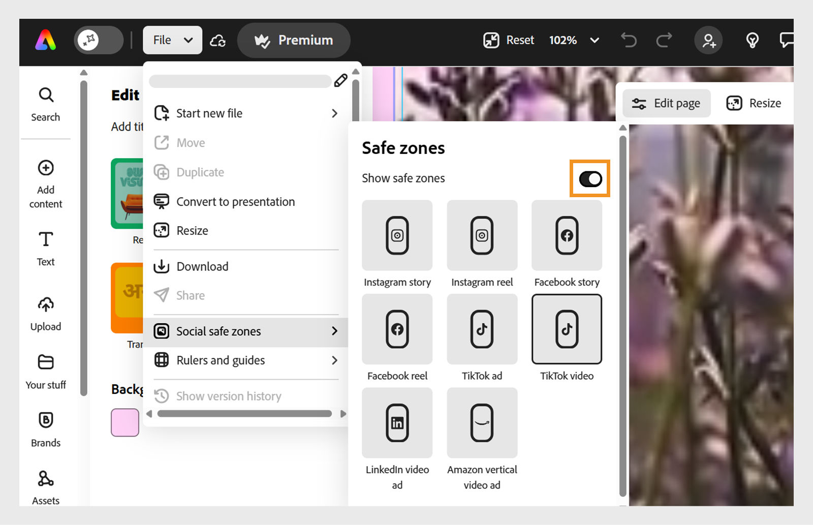 The image shows the “Social safe zones” panel. The File menu is open on the left with options like Start new file, Move, Duplicate, Resize, Download, and Social safe zones. On the right, the Safe zones panel displays a toggle to show safe zones and layout options for Instagram story, Instagram reel, Facebook story, Facebook reel, TikTok ad, TikTok video, LinkedIn video ad, and Amazon vertical video ad.