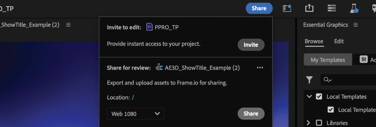 A screenshot that shows the options under the Share button and the Invite option from the context menu highlighted.