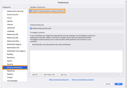 Security (Enhanced) directory in Preference window is shown in Acrobat Reader