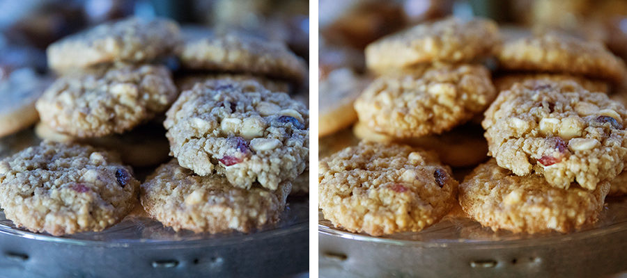 Side by side photos of a plate of cookies, the right side looks more natural through color correction