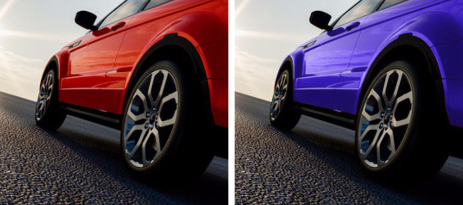 Side by side photos of a car, the car is red in one photo and purple in the other