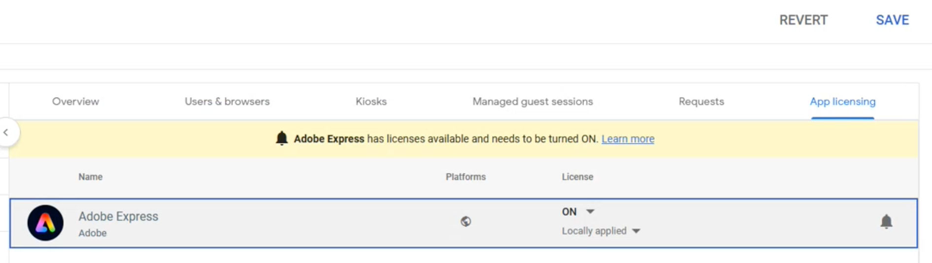 Google Admin Console screen with app licensing for Adobe Express turned on