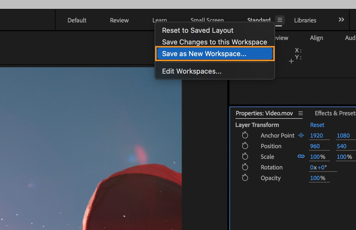 A dropdown menu is open for Standard panel with the option - Save as new Workspace highlighted in blue, indicating it has been selected. There are other options visible such as - Reset to Saved Layout and Edit Workspaces.