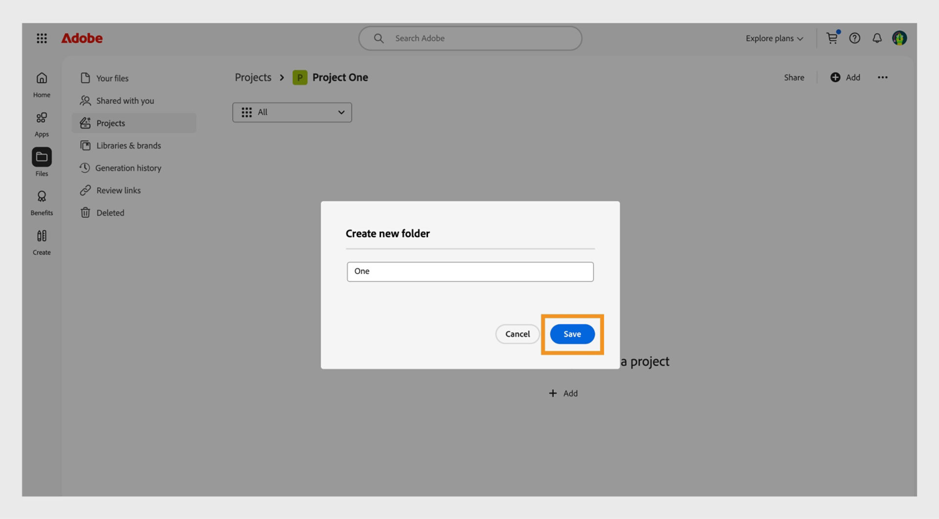 Adobe web interface showing a dialog box labeled “Create new folder,” with a text field to enter the folder name and options to cancel or save.