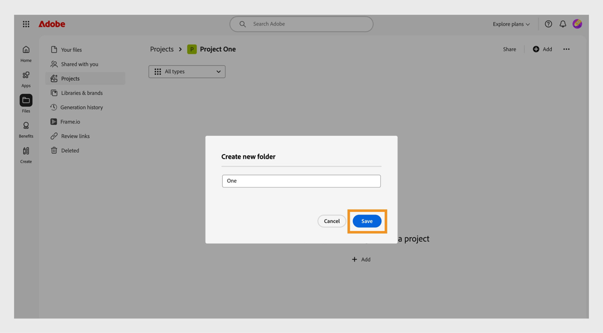 Adobe web interface showing a dialog box labeled “Create new folder,” with a text field to enter the folder name and options to cancel or save.