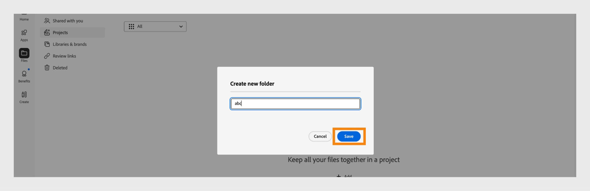 Adobe-webinterface met een dialoogvenster met de titel &quot;Nieuwe map maken&quot;, met een tekstveld om de mapnaam in te voeren en opties om te annuleren of op te slaan.