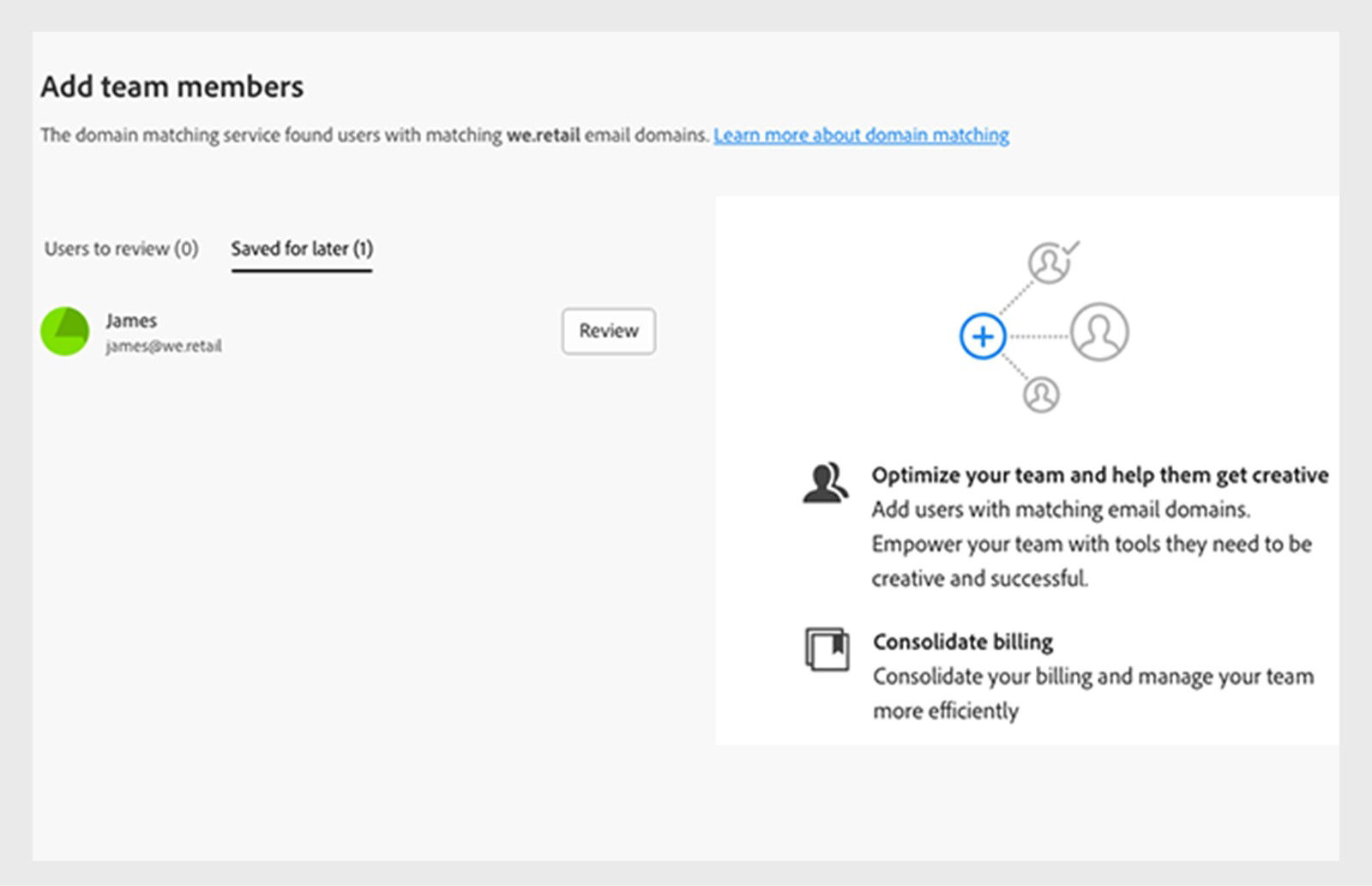 Add team members screen with Saved for later list displayed