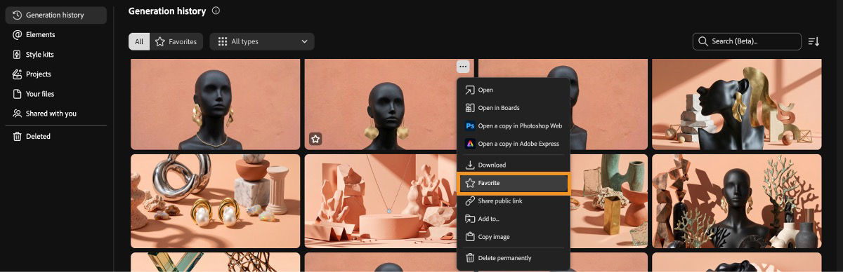 The Generation history tab displays a file’s context menu with a highlight ove the Favorite option.