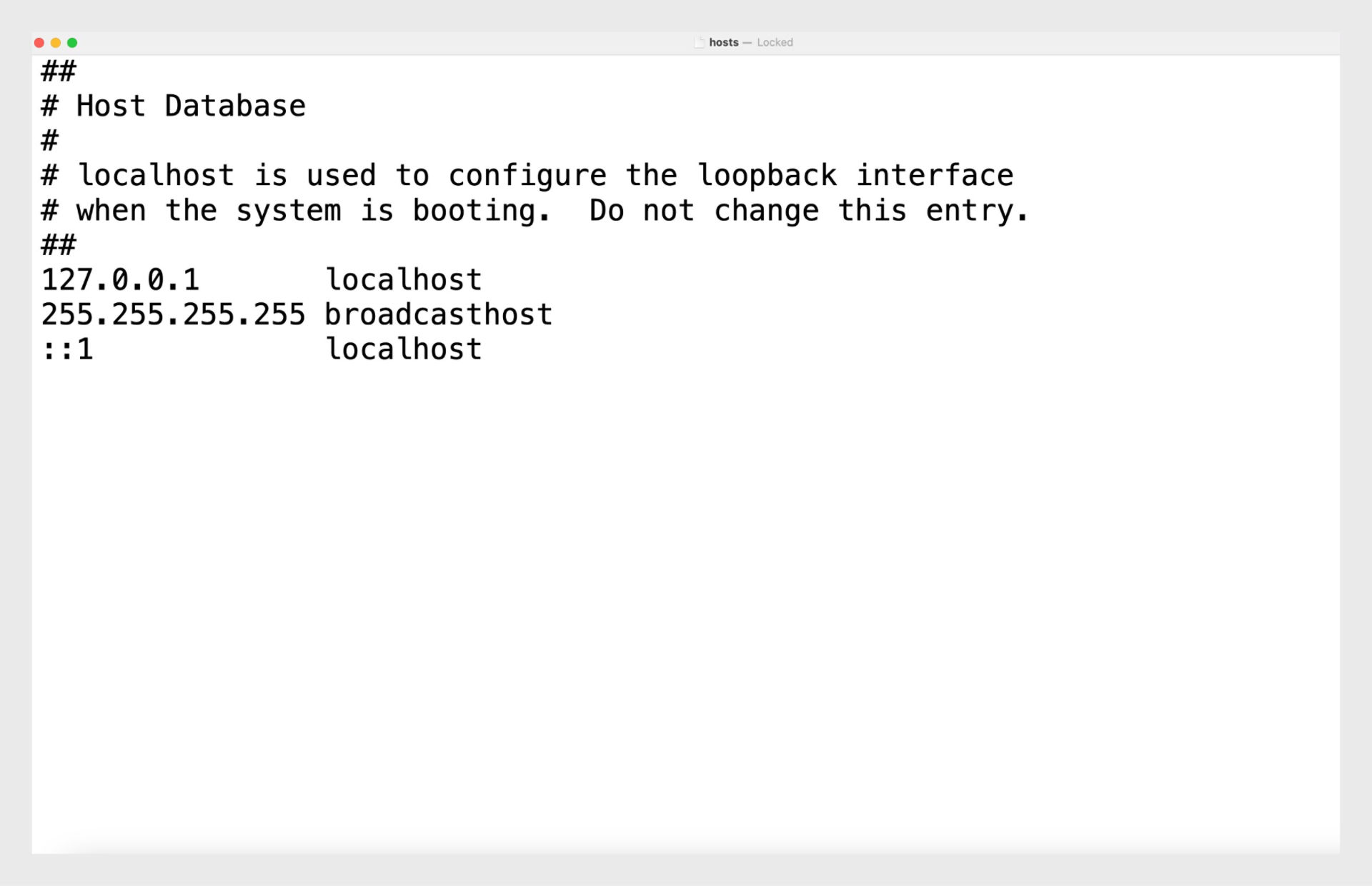 O arquivo hosts mostrando apenas informações de localhost após a remoção de todas as entradas relacionadas à Adobe.