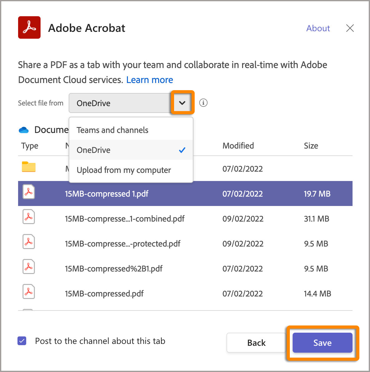 Upload a PDF from OneDrive or computer, and share as a tab