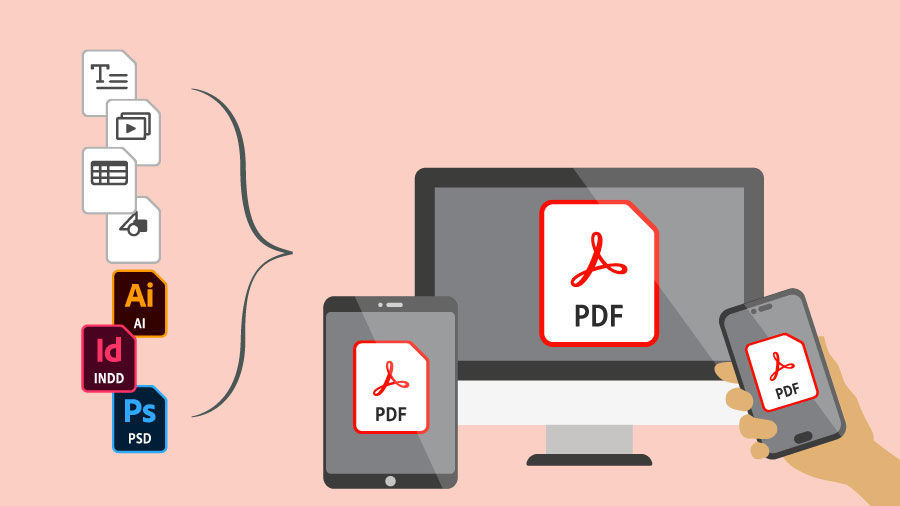Background: icons for common file formats. Foreground: mobile device and laptop with PDF icon on their screens