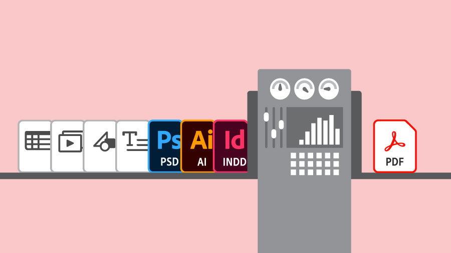 Conveyor belt with DOC, PPT, PSD, AI and JPEG documents feeding into a machine that is converting them to PDFs