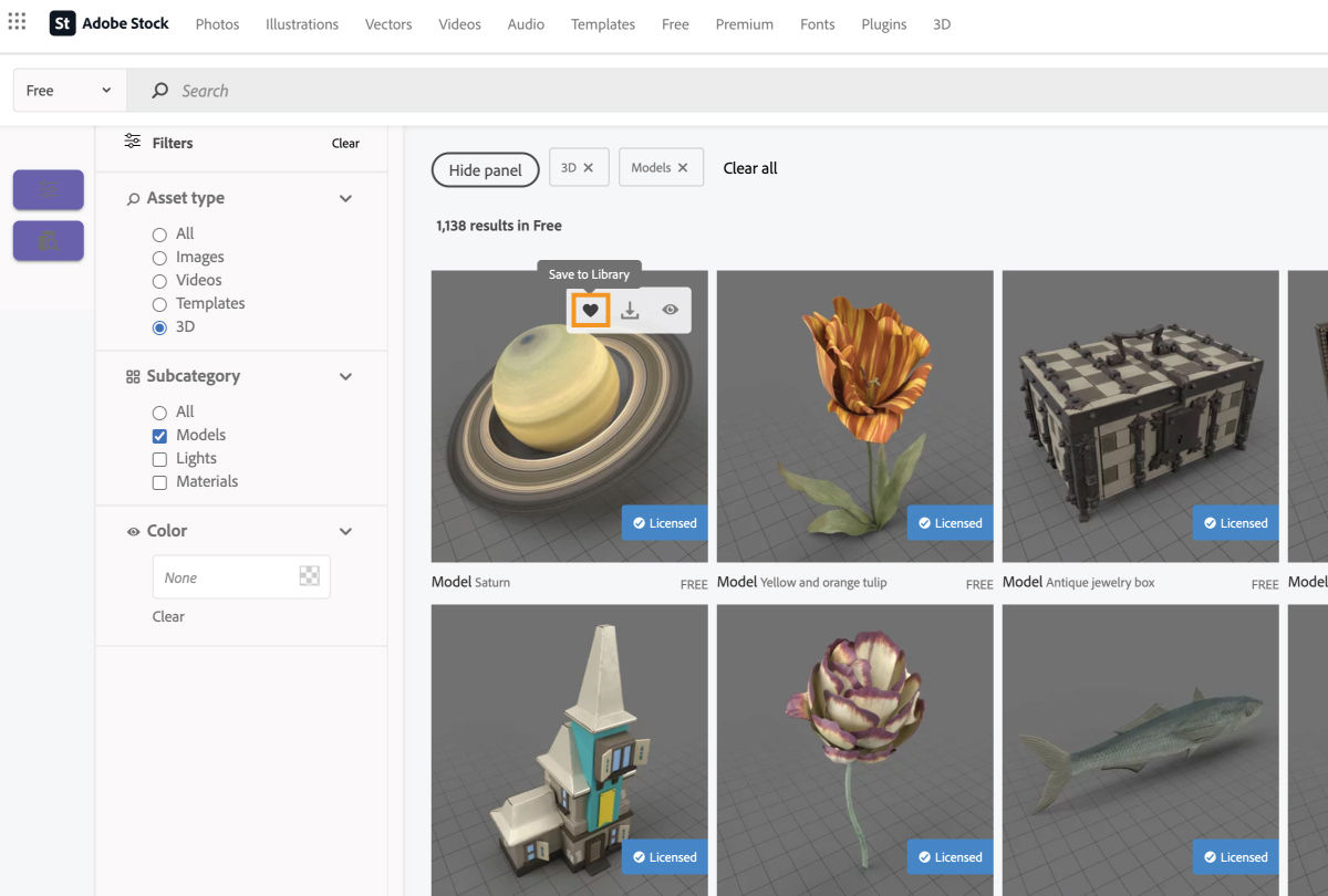 Choose a 3D model in Adobe Stock and use the Save to Library option to add it to your library. 