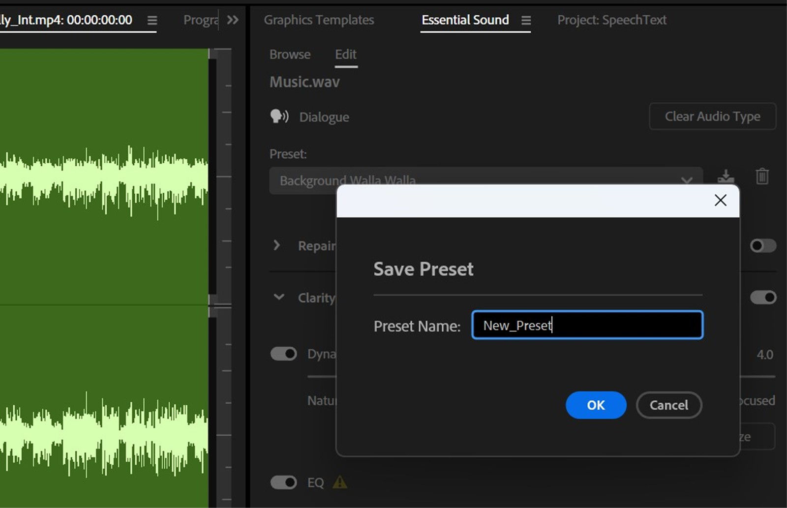 Save Preset dialog is open to enter a name for the new preset. 