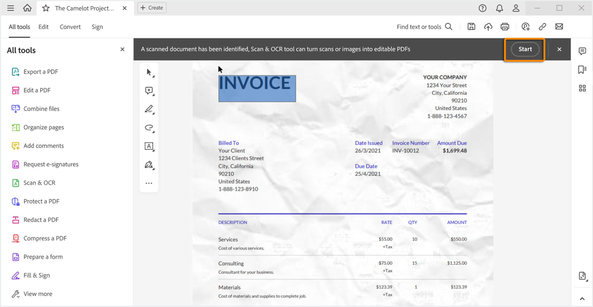 Prompt to use Scan & OCR tool for a scanned PDF