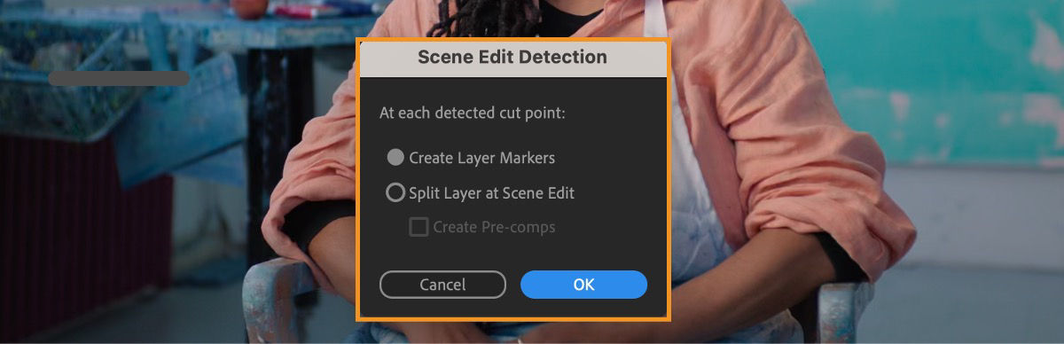 The Secne Edit Detection dialog box is open and there are options to create layer makers or split layers when a cut point in the footage is detected.