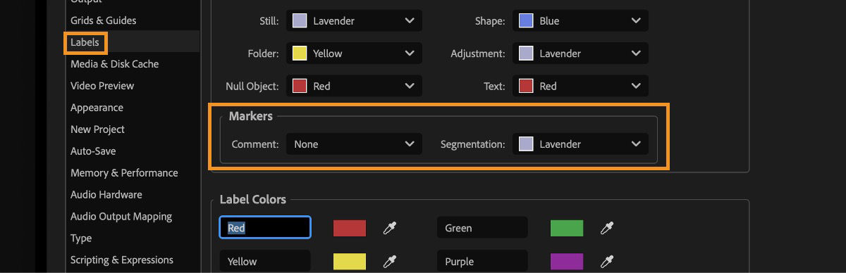 The Preferences dialog box is open and there are options to customize the label color including Comment and Segmentation markers.